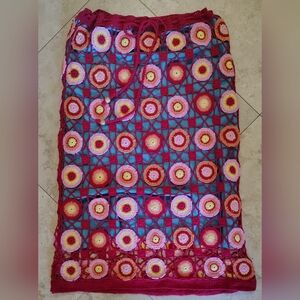 Vintage Hand Crochet Granny Square Lined Midi Skirt Boho-chic Women's Size S-M